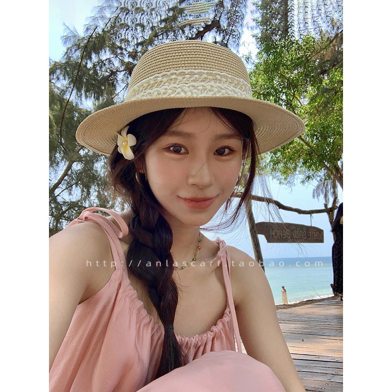 Bucket Hat Straw - Lace Pearl Bow Flat Top Straw