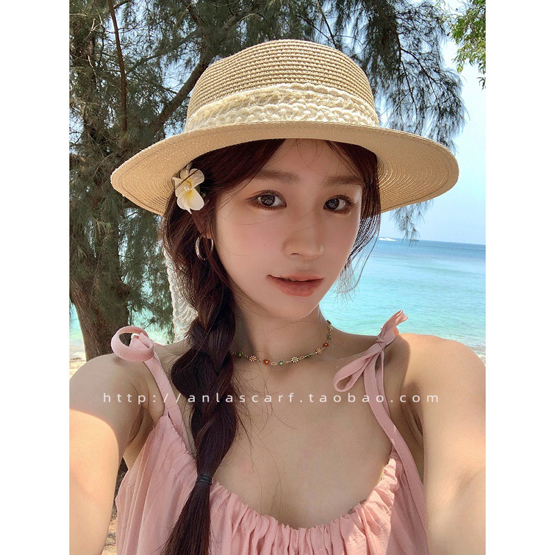 Lace Pearl Bow Flat Top Straw  - đánh giá và giá Bucket Hat Straw