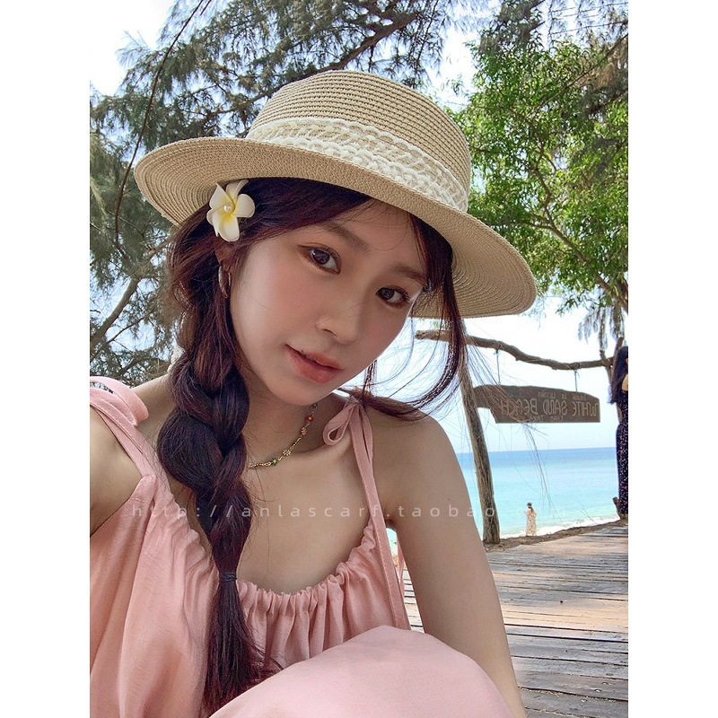 Lace Pearl Bow Flat Top Straw  - đánh giá và giá Bucket Hat Straw