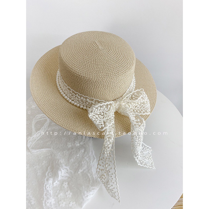 Lace Pearl Bow Flat Top Straw  - đánh giá và giá Bucket Hat Straw